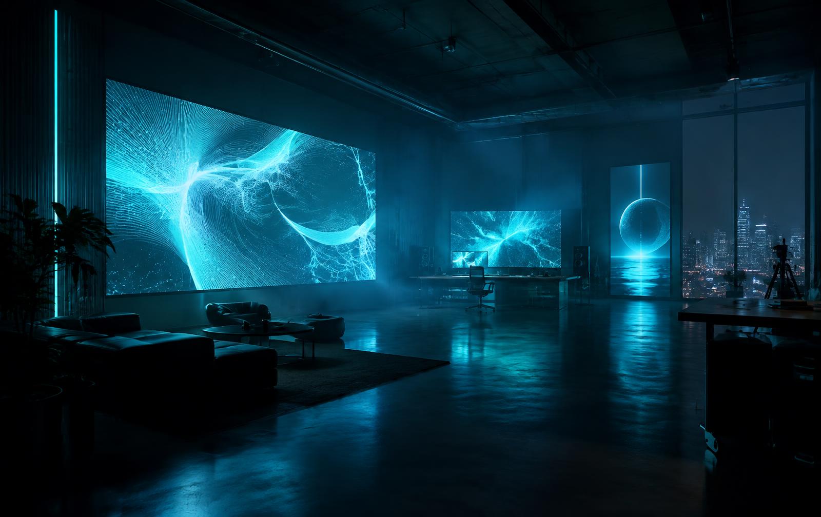 Dark futuristic creative studio with large screens showing cyan abstract visuals